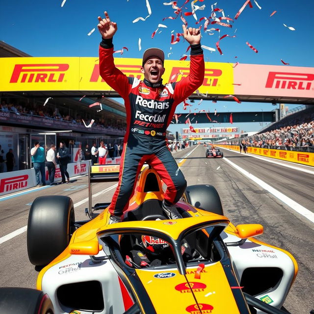 Franco Colapinto celebrating on the Formula 1 track, standing excitedly on top of his sleek Formula 1 car, wearing a colorful racing suit with sponsor logos, an ecstatic expression on his face, confetti raining down around him, the pit lane bustling with team members in the background, vibrant banners, and the cheering crowd visible, clear blue sky above, dynamic composition capturing the joy of victory