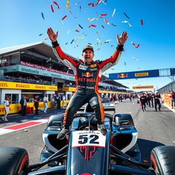 Franco Colapinto celebrating on the Formula 1 track, standing excitedly on top of his sleek Formula 1 car, wearing a colorful racing suit with sponsor logos, an ecstatic expression on his face, confetti raining down around him, the pit lane bustling with team members in the background, vibrant banners, and the cheering crowd visible, clear blue sky above, dynamic composition capturing the joy of victory