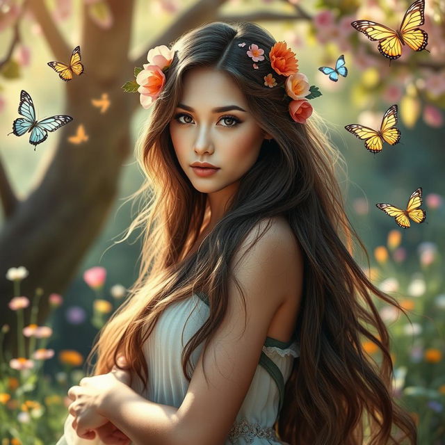 A captivating fantasy portrait of a young woman standing confidently in an enchanting meadow