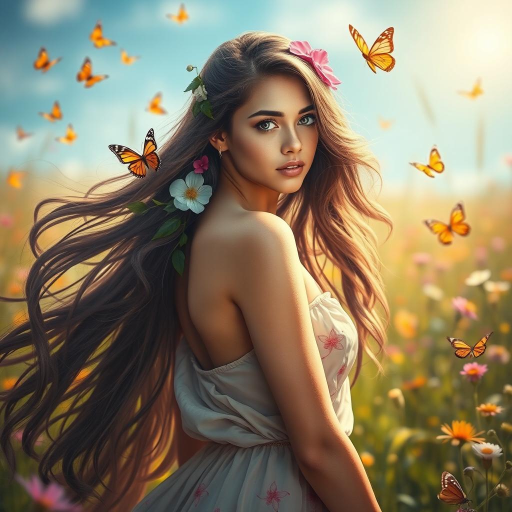 A captivating fantasy portrait of a young woman standing confidently in an enchanting meadow