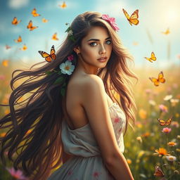 A captivating fantasy portrait of a young woman standing confidently in an enchanting meadow