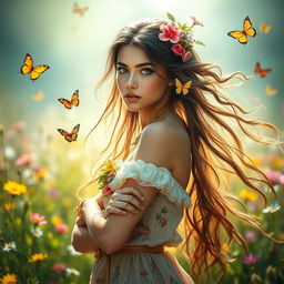 A captivating fantasy portrait of a young woman standing confidently in an enchanting meadow