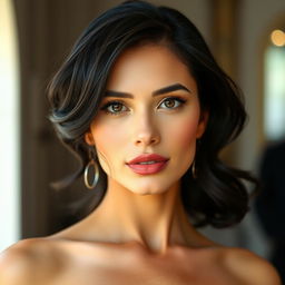 A beautiful woman with slightly wavy black hair and clear white skin, featuring a prominent nose