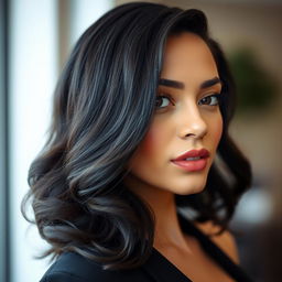 A beautiful woman with slightly wavy black hair and clear white skin, featuring a prominent nose
