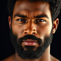 A striking portrait of a very hairy black man, showcasing a curly beard that beautifully accentuates one side of his face