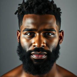A striking portrait of a very hairy black man, showcasing a curly beard that beautifully accentuates one side of his face