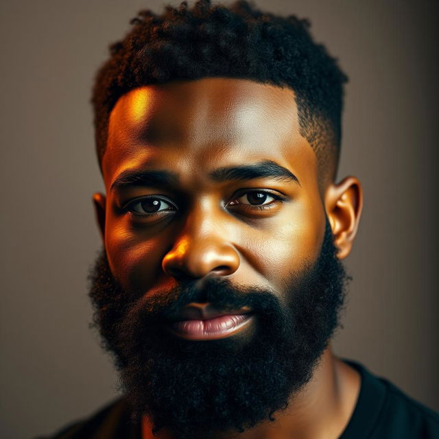 A striking portrait of a very hairy black man, showcasing a curly beard that beautifully accentuates one side of his face