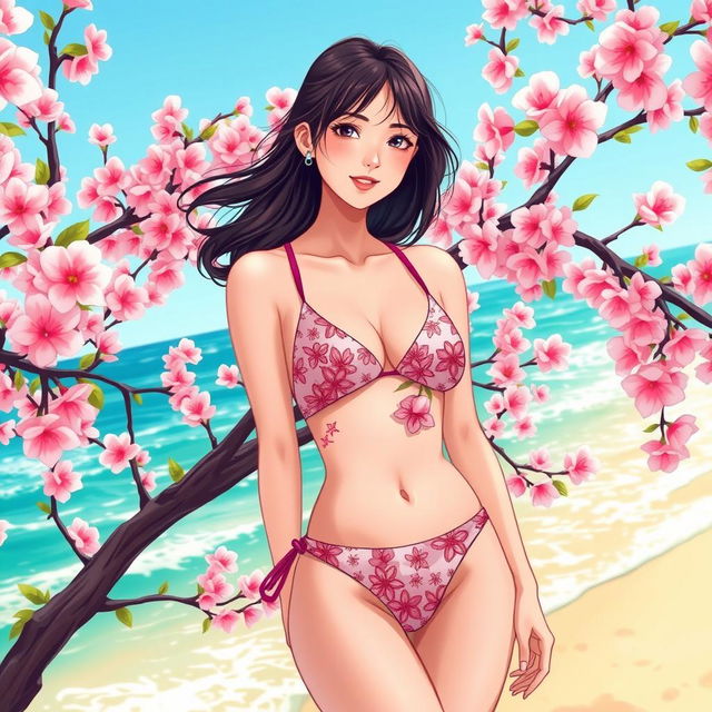 A vibrant illustration of a young adult woman wearing a stylish bikini adorned with cherry blossom (sakura) patterns