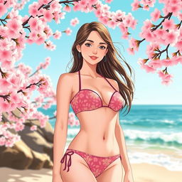 A vibrant illustration of a young adult woman wearing a stylish bikini adorned with cherry blossom (sakura) patterns