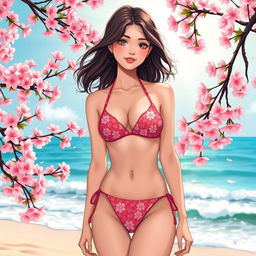 A vibrant illustration of a young adult woman wearing a stylish bikini adorned with cherry blossom (sakura) patterns