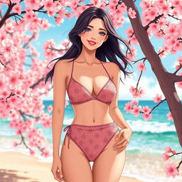 A vibrant illustration of a young adult woman wearing a stylish bikini adorned with cherry blossom (sakura) patterns