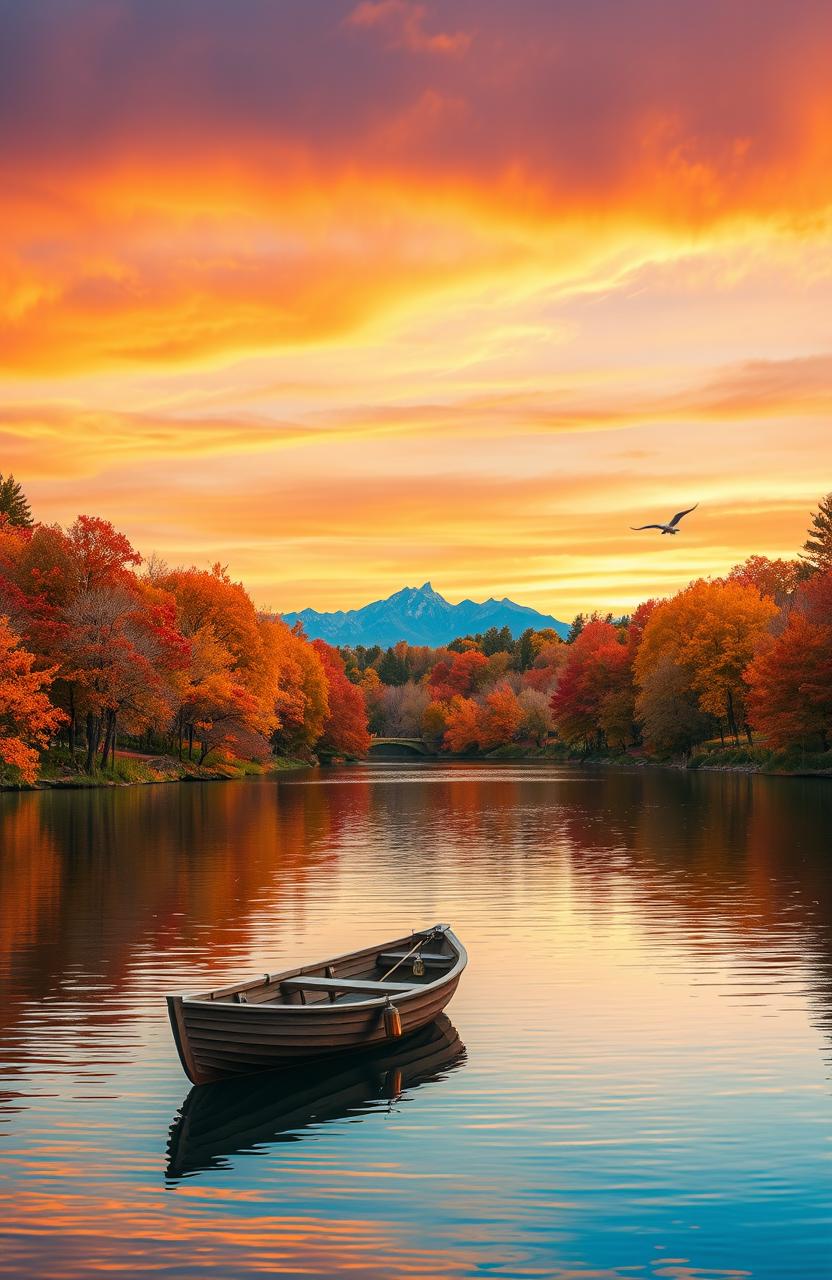 A breathtaking landscape at sunset, featuring a serene lake surrounded by vibrant autumn trees with leaves in shades of orange, red, and yellow