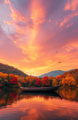 A breathtaking landscape at sunset, featuring a serene lake surrounded by vibrant autumn trees with leaves in shades of orange, red, and yellow