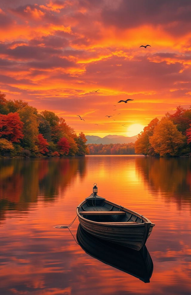 A breathtaking landscape at sunset, featuring a serene lake surrounded by vibrant autumn trees with leaves in shades of orange, red, and yellow