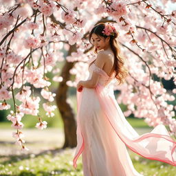 A beautiful, ethereal scene featuring a graceful cherry blossom (sakura) tree in full bloom, with delicate pink petals cascading gently to the ground