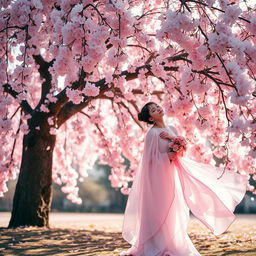 A beautiful, ethereal scene featuring a graceful cherry blossom (sakura) tree in full bloom, with delicate pink petals cascading gently to the ground
