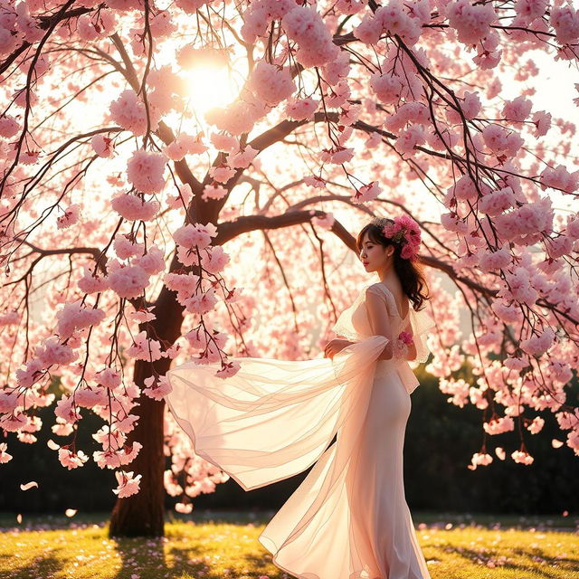 A beautiful, ethereal scene featuring a graceful cherry blossom (sakura) tree in full bloom, with delicate pink petals cascading gently to the ground