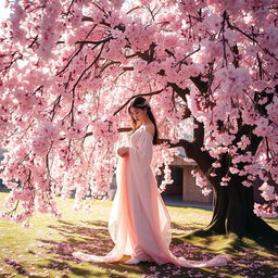 A beautiful, ethereal scene featuring a graceful cherry blossom (sakura) tree in full bloom, with delicate pink petals cascading gently to the ground