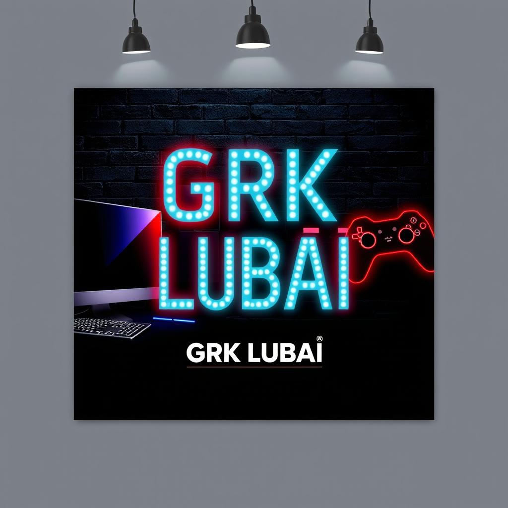 A striking internet cafe poster showcasing LED lights in a modern design, prominently featuring the name 'GRK LUBAŃ' in bold, stylish typography