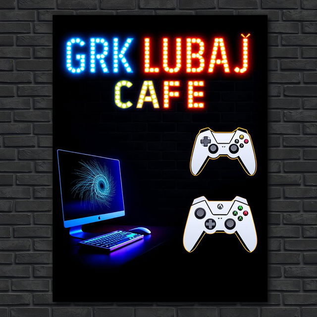 A striking internet cafe poster showcasing LED lights in a modern design, prominently featuring the name 'GRK LUBAŃ' in bold, stylish typography