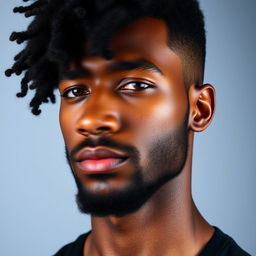 A striking portrait of a black man, showcasing his head at an angle