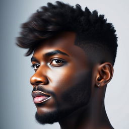 A striking portrait of a black man, showcasing his head at an angle