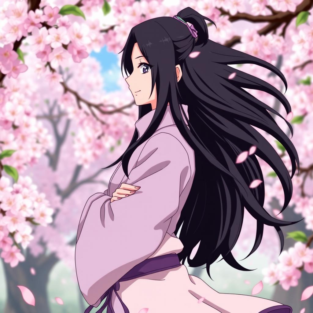 Hinata Hyuga, a strong and beautiful anime character from Naruto, depicted in a dynamic pose with her flowing dark hair and gentle demeanor, surrounded by a beautiful blooming cherry blossom grove