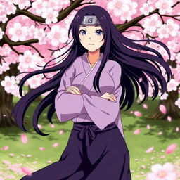 Hinata Hyuga, a strong and beautiful anime character from Naruto, depicted in a dynamic pose with her flowing dark hair and gentle demeanor, surrounded by a beautiful blooming cherry blossom grove