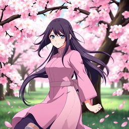 Hinata Hyuga, a strong and beautiful anime character from Naruto, depicted in a dynamic pose with her flowing dark hair and gentle demeanor, surrounded by a beautiful blooming cherry blossom grove