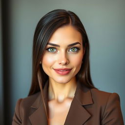 A beautiful woman with an oval face and clean, pale skin, featuring sharp green eyes and thin lips curved in a professional smile