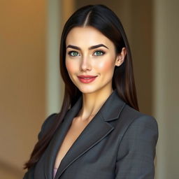 A beautiful woman with an oval face and clean, pale skin, featuring sharp green eyes and thin lips curved in a professional smile