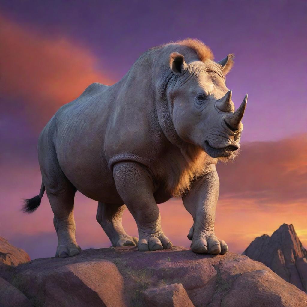 A majestic hybrid creature with the mane and face of a lion, merging into the rugged and armored body of a rhino. It stands mightily upon a rocky outcrop under an orange and purple hued evening sky. Render this as an ultra-realistic digital painting with dramatic lighting.