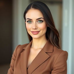 A beautiful woman with an oval face and clean, pale skin, sharp green eyes, and thin lips that form a professional smile