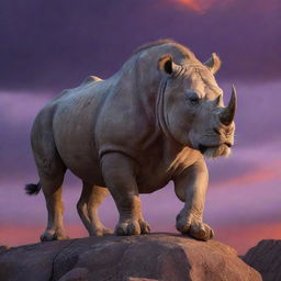 A majestic hybrid creature with the mane and face of a lion, merging into the rugged and armored body of a rhino. It stands mightily upon a rocky outcrop under an orange and purple hued evening sky. Render this as an ultra-realistic digital painting with dramatic lighting.