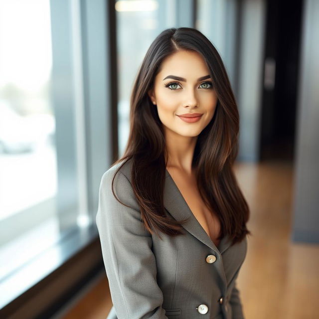 A beautiful woman with an oval face and clean, pale skin, sharp green eyes, and thin lips that form a professional smile