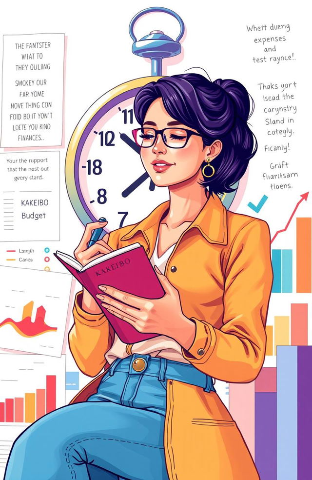 A vibrant and detailed illustration of a person engaged in budgeting and financial planning, surrounded by colorful charts and graphs