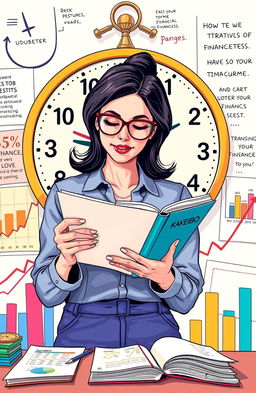 A vibrant and detailed illustration of a person engaged in budgeting and financial planning, surrounded by colorful charts and graphs