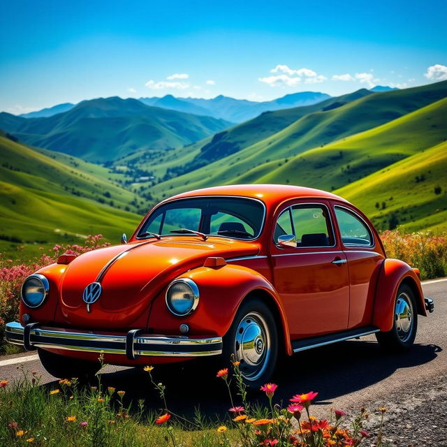 A striking Volkswagen car parked on a scenic road surrounded by lush green hills under a clear blue sky