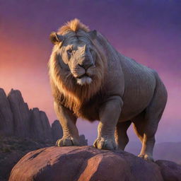 A majestic hybrid creature with the mane and face of a lion, merging into the rugged and armored body of a rhino. It stands mightily upon a rocky outcrop under an orange and purple hued evening sky. Render this as an ultra-realistic digital painting with dramatic lighting.