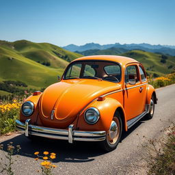 A striking Volkswagen car parked on a scenic road surrounded by lush green hills under a clear blue sky