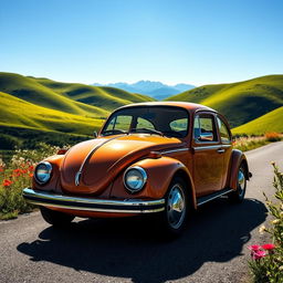 A striking Volkswagen car parked on a scenic road surrounded by lush green hills under a clear blue sky
