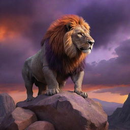 Ultra realistic digital painting of a majestic mythical creature having face and mane of a lion transitioning into armored body of a rhino, standing mightily on a rocky outcrop under a dramatic evening sky painted in vivid orange and purple hues.