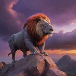 Ultra realistic digital painting of a majestic mythical creature having face and mane of a lion transitioning into armored body of a rhino, standing mightily on a rocky outcrop under a dramatic evening sky painted in vivid orange and purple hues.