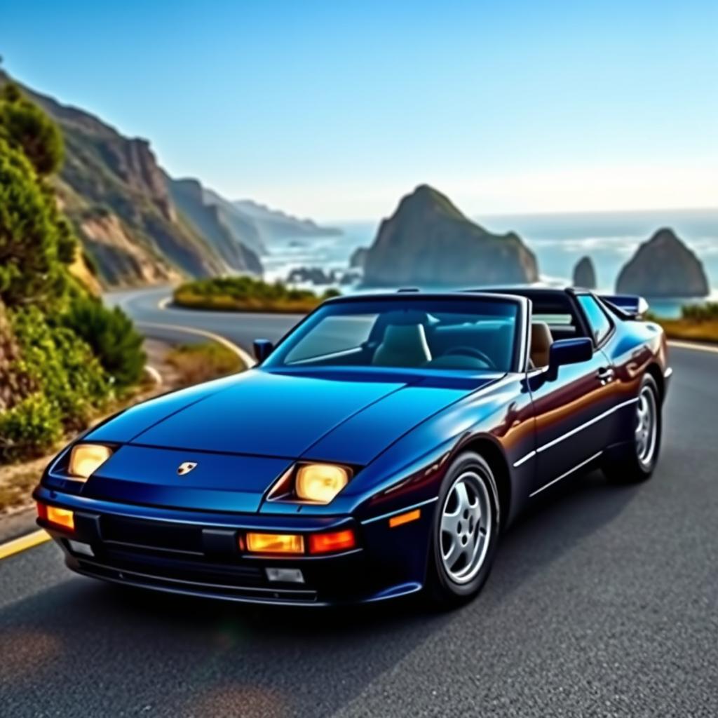 A sleek and stylish Porsche 944 sports car, elegantly displayed with a glossy finish and vibrant color, parked on a picturesque coastal road with dramatic cliffs and a clear blue sky in the background