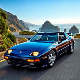 A sleek and stylish Porsche 944 sports car, elegantly displayed with a glossy finish and vibrant color, parked on a picturesque coastal road with dramatic cliffs and a clear blue sky in the background