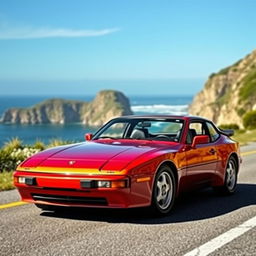 A sleek and stylish Porsche 944 sports car, elegantly displayed with a glossy finish and vibrant color, parked on a picturesque coastal road with dramatic cliffs and a clear blue sky in the background