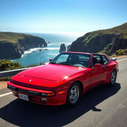 A sleek and stylish Porsche 944 sports car, elegantly displayed with a glossy finish and vibrant color, parked on a picturesque coastal road with dramatic cliffs and a clear blue sky in the background