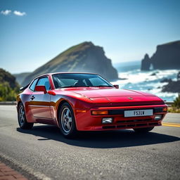 A sleek and stylish Porsche 944 sports car, elegantly displayed with a glossy finish and vibrant color, parked on a picturesque coastal road with dramatic cliffs and a clear blue sky in the background