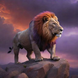 Ultra realistic digital painting of a majestic mythical creature having face and mane of a lion transitioning into armored body of a rhino, standing mightily on a rocky outcrop under a dramatic evening sky painted in vivid orange and purple hues.