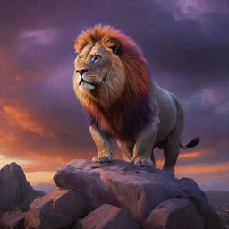 Ultra realistic digital painting of a majestic mythical creature having face and mane of a lion transitioning into armored body of a rhino, standing mightily on a rocky outcrop under a dramatic evening sky painted in vivid orange and purple hues.